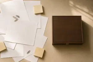 散亂的試算表紙張與一個收好的木盒,從散亂到集中