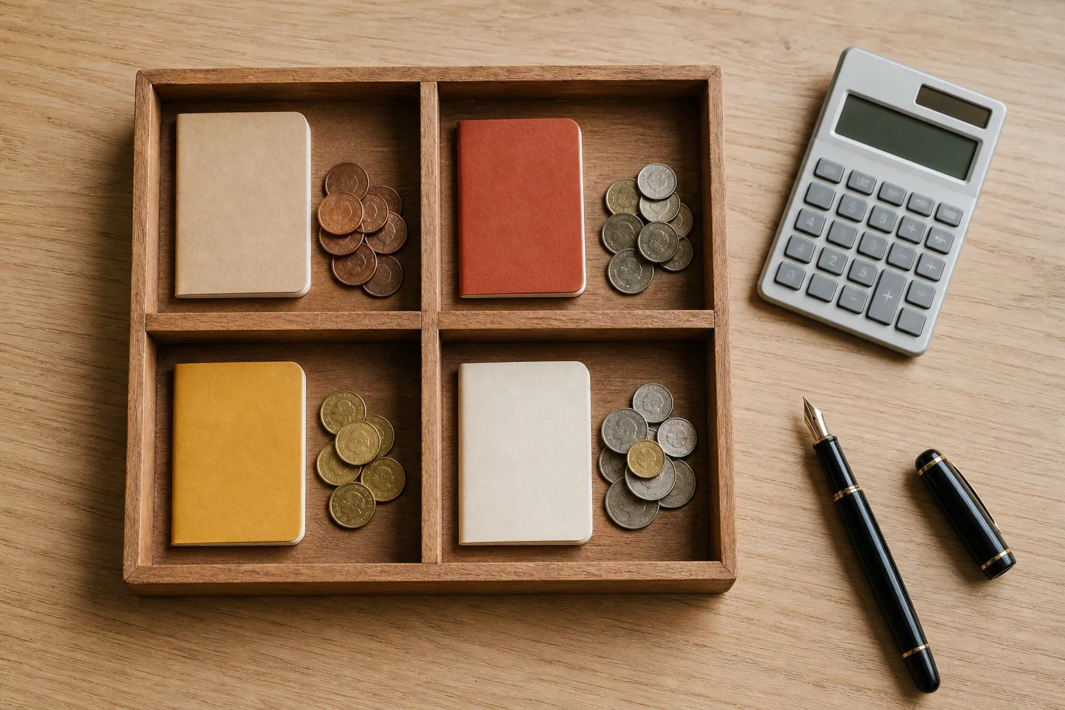 分格木托盤裡每一格各有一本帳與一疊硬幣